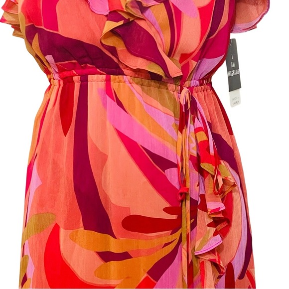 Sandra Darren Pink Orange Floral Ruffle Maxi Dress Cold Shoulder Size 6 - Picture 4 of 9